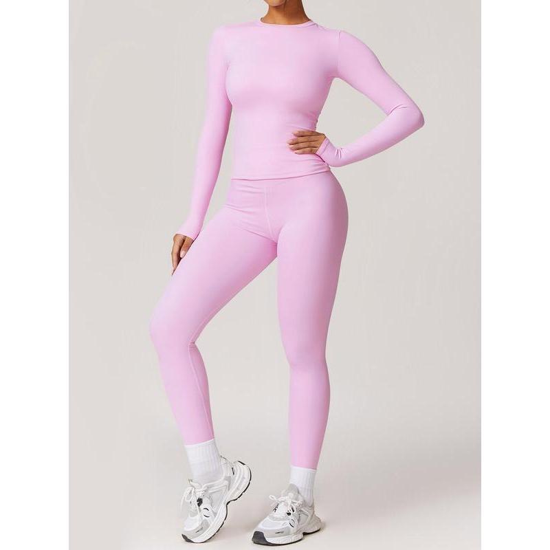 Two-piece Set Women's Solid Color Long Sleeve Round Neck Top & Leggings Tracksuit Set, Sporty Comfy Breathable Two-piece Outfits for Yoga Gym Workout Running, Ladies Sportswear for All Seasons