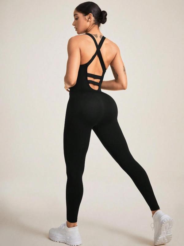 Women's Solid Criss Cross Backless Sports Tank Jumpsuit, Sporty Scoop Neck Cut Out Jumpsuit for Yoga Gym Workout, Ladies Sportswear for All Seasons