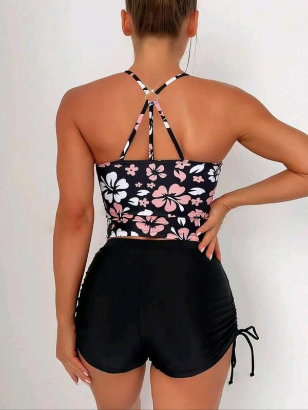 Two-Piece Set Women's Floral Print Halter Neck Tankini Set, Boho Sleeveless O-Ring Tankini Top & Plain Drawstring Swim Shorts, Ladies Summer Swimwear for Beach Holiday Vacation