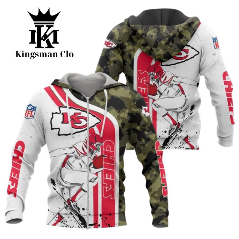 KCChiefs White Red Camo Hoodie, Men's Sports Hoodie, Zip Up Hoodie for Men, Men's Sports Outerwear, Zipper Sweatshirt for Men, Sports Hooded Zipper Jacket for Men. Print