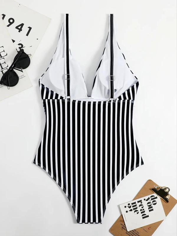 Women's Striped Print V Neck Backless Back To School Swimsuit, Bathing Suits 2024, Casual Adjustable Strap Sleeveless Tummy Control Swimwear for Summer, Gym Clothes, Summer Outfits, Tight Ladies Swimsuit for Beach Holiday Vacation