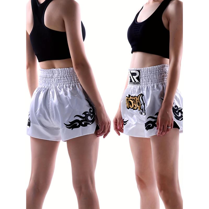 Men's Embroidery Pattern Boxing Shorts, Active Elastic Waist Sports Trunks For Boxing Workout Fighting Training