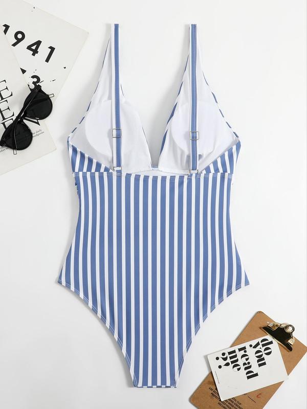 Women's Striped Print V Neck Backless Back To School Swimsuit, Bathing Suits 2024, Casual Adjustable Strap Sleeveless Tummy Control Swimwear for Summer, Gym Clothes, Summer Outfits, Tight Ladies Swimsuit for Beach Holiday Vacation