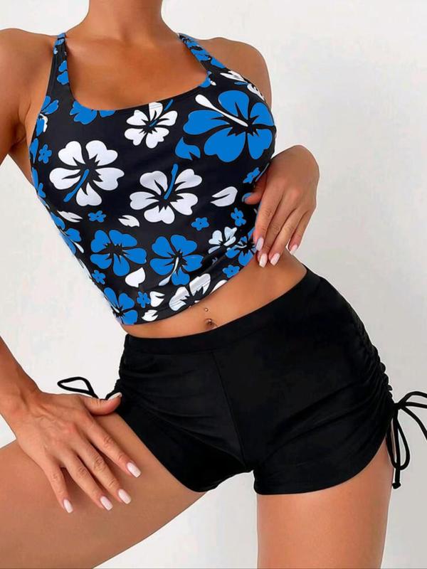 Two-Piece Set Women's Floral Print Halter Neck Tankini Set, Boho Sleeveless O-Ring Tankini Top & Plain Drawstring Swim Shorts, Ladies Summer Swimwear for Beach Holiday Vacation