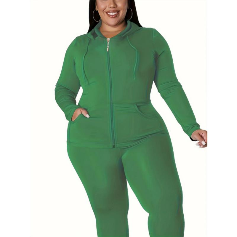 Plus Size Solid Zip Up Hoodie Sweatshirt & Pants Set, Women's Plus High Stretch Workout 2pcs Set