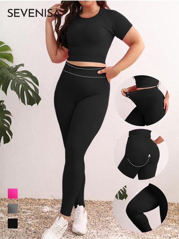  Solid Crop Top & High Waist Leggings Sports Set, Casual Sporty Two-piece Outfits for Women, Women's Plus Sportswear for Indoor Outdoor Wear