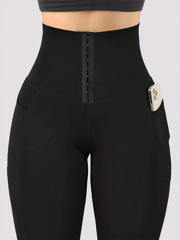 Plus Size Adjustable Buckle Front Pocket High Waist Sports Leggings,  Sporty Plus Women's Solid Color Skinny Pants for Running, Ladies Plus Sportswear Clothing