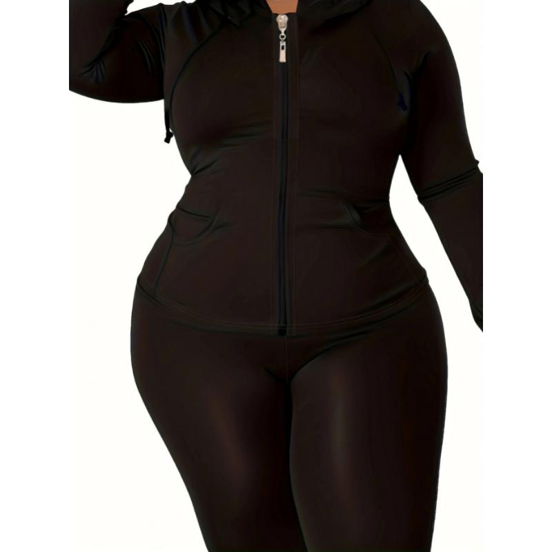 Plus Size Solid Zip Up Hoodie Sweatshirt & Pants Set, Women's Plus High Stretch Workout 2pcs Set