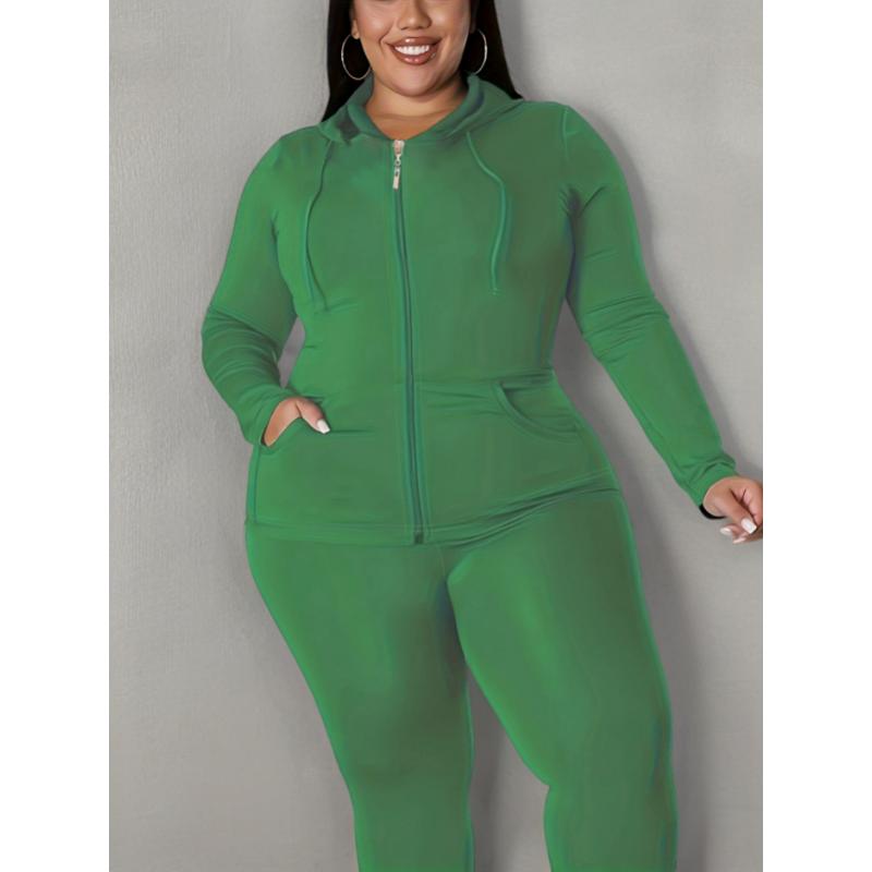 Plus Size Solid Zip Up Hoodie Sweatshirt & Pants Set, Women's Plus High Stretch Workout 2pcs Set