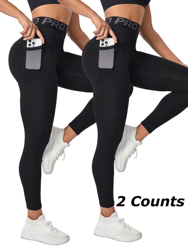 Women's Letter Print Pocket Design High Waist Sports Leggings, High Stretch Seamless Yoga Leggings, Ladies Sportswear for Indoor Outdoor Wear