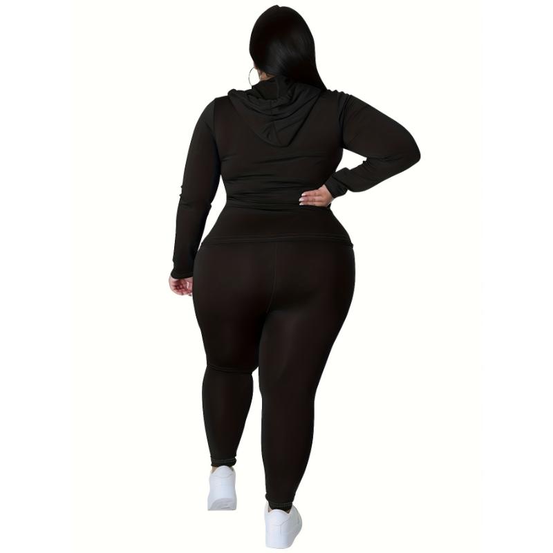 Plus Size Solid Zip Up Hoodie Sweatshirt & Pants Set, Women's Plus High Stretch Workout 2pcs Set