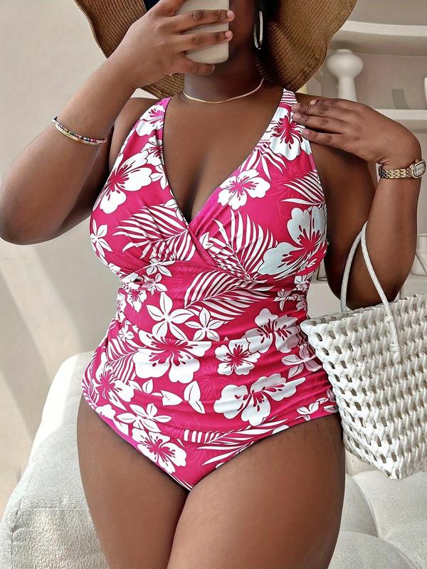 Plus Size Floral Print Criss Cross Wrap Tankini Sets, Ruched Adjustable Strap Deep V Neck Swim Top & Swim Bottom, Women's Two-piece Swimsuit for Summer Beach Holiday Vacation