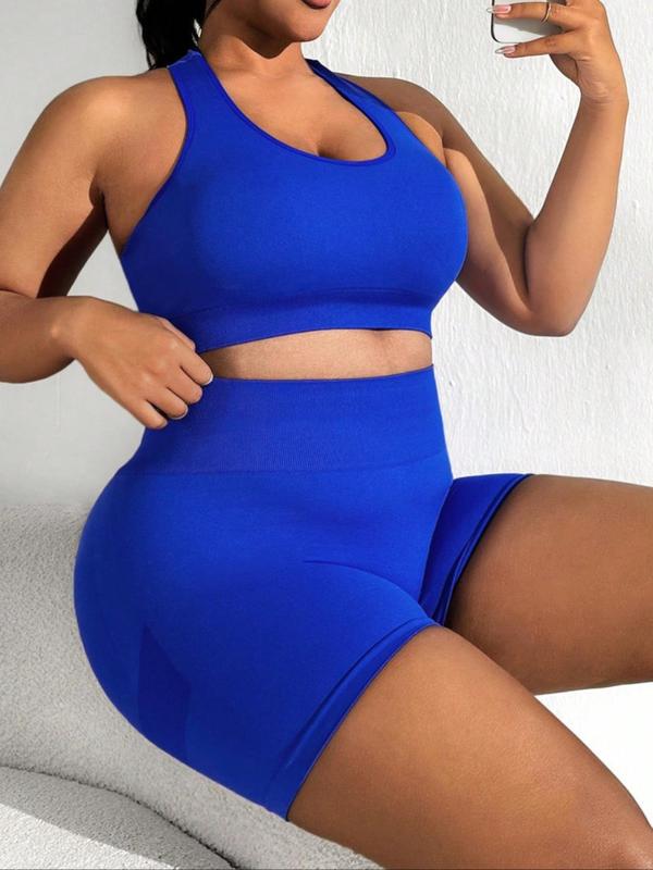 Plus Size Solid Cut Out Crop Tank Top & High Waist Short Leggings Tracksuit Set, Comfy Scoop Neck Sleeveless Top & Skinny Shorts, Women's Sportswear Set for Indoor Outdoor Wear