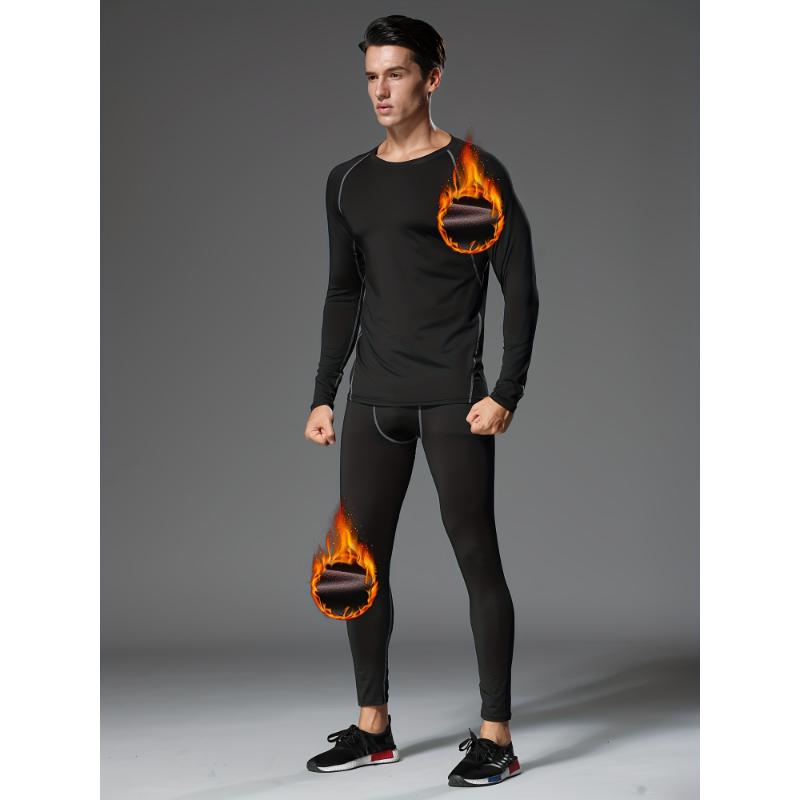 Men'S 8pcs Winter Sports Thermal Set with Fleece Lining - Polyester Stretch Activewear with Crew Neck for Running, Training, Hiking, Basketball, Skiing, Cycling - Casual & Workout Skinny Fit Gear