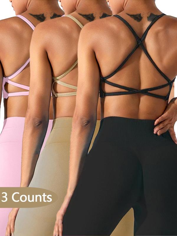 Women's Solid Criss Cross Backless Sports Bras, Breathable Comfortable High Stretch Sports Lingerie Top, Ladies Sportswear for Indoor Outdoor Wear