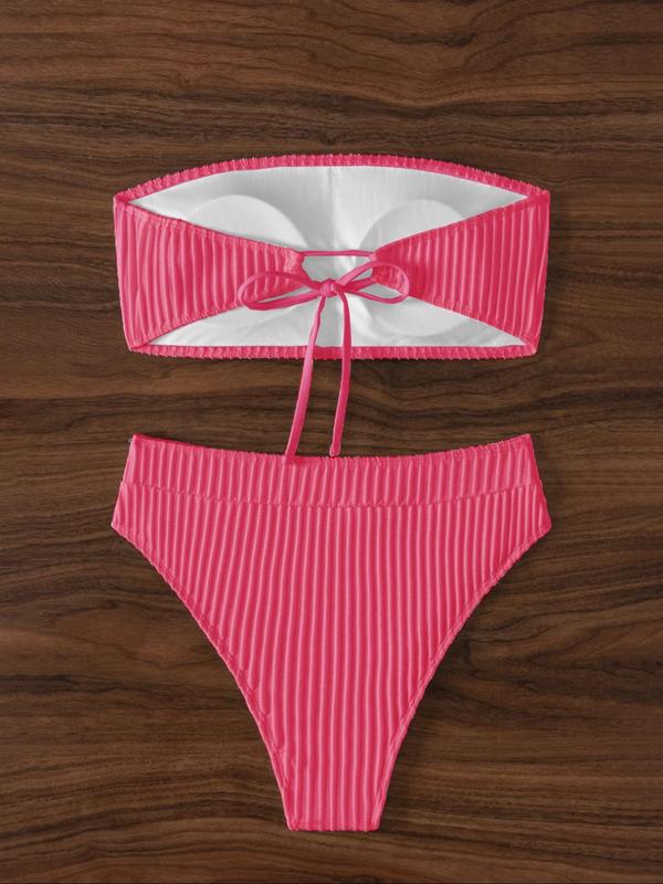 Two-piece Set Women's Solid Color Bandeau Bikini Set, Casual Fashion Chic Strapless Backless Swim Top & Swim Bottom Two-piece Swimsuit for Beach Holiday Vacation, Ladies Swimwear for All Seasons