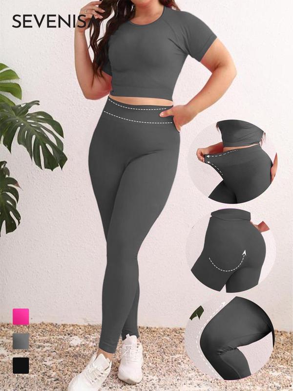  Solid Crop Top & High Waist Leggings Sports Set, Casual Sporty Two-piece Outfits for Women, Women's Plus Sportswear for Indoor Outdoor Wear