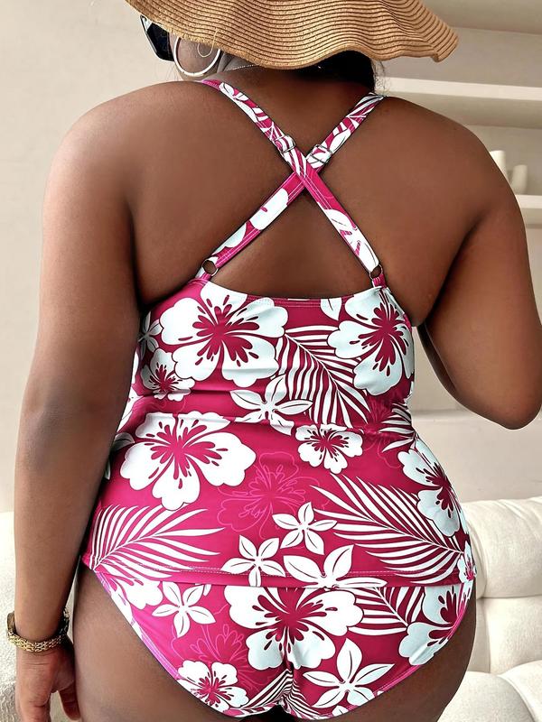 Plus Size Floral Print Criss Cross Wrap Tankini Sets, Ruched Adjustable Strap Deep V Neck Swim Top & Swim Bottom, Women's Two-piece Swimsuit for Summer Beach Holiday Vacation