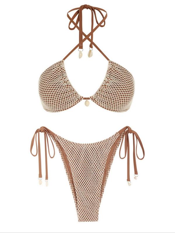 Women's Textured Shell Decor Tie Back Bikini Set, Bathing Suits 2024 for Women, Halter Neck Triangle Swim Bra & Tie Side Swim Bottom Swimsuit Sets, Sexy Two Piece Bathing Suits, Ladies Summer Swimwear, Going Out Outfits