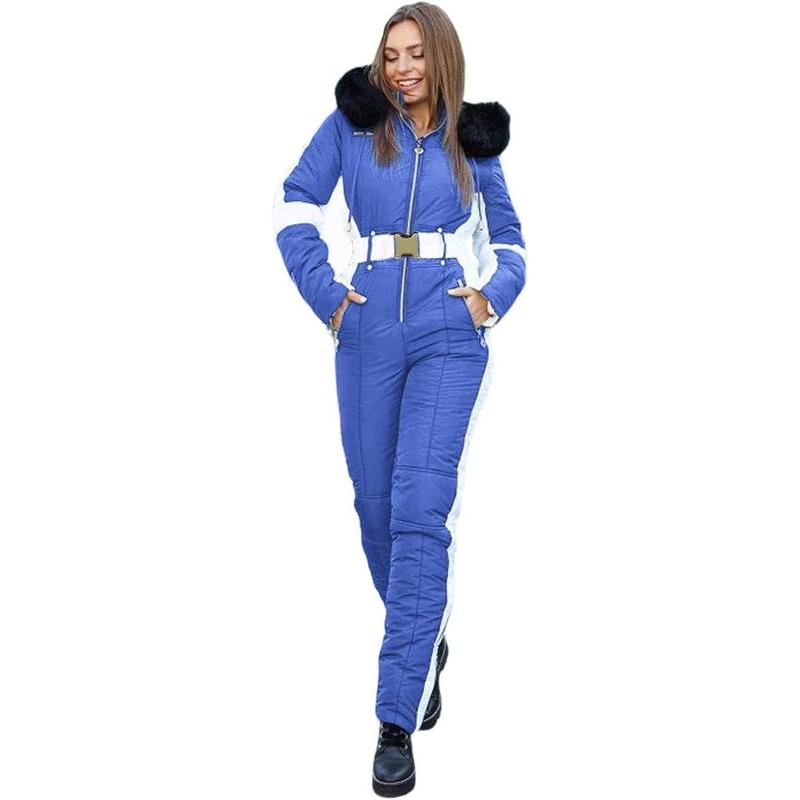 Tankaneo Womens Winter Onesies Ski Jumpsuits Outdoor Sports Waterproof Snowsuit Removable Fur Collar Coat Jumpsuit