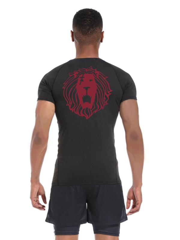 Men's Lion Print Round Neck Raglan Sleeve Sports Tee, Regular Fit Quick Drying Breathable Crew Neck Short Sleeve T-shirt for Gym Workout Running Training, Casual Comfy Men's Sportswear for Summer