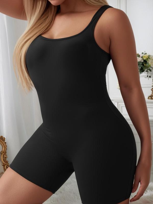 Plus Size Solid Cut Out Backless Sports Romper, Casual Sporty Sleeveless Ruched Romper, Gym Clothes, Women's Summer Sportswear for Yoga Gym Workout, Summer Outfits 2024