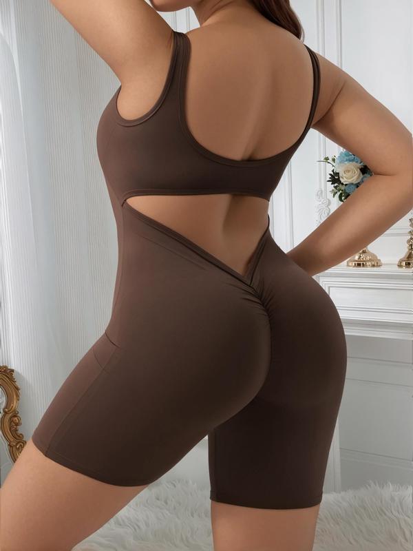 Plus Size Solid Cut Out Backless Sports Romper, Casual Sporty Sleeveless Ruched Romper, Gym Clothes, Women's Summer Sportswear for Yoga Gym Workout, Summer Outfits 2024