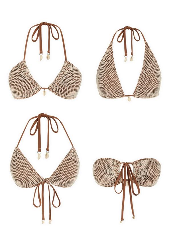 Women's Textured Shell Decor Tie Back Bikini Set, Bathing Suits 2024 for Women, Halter Neck Triangle Swim Bra & Tie Side Swim Bottom Swimsuit Sets, Sexy Two Piece Bathing Suits, Ladies Summer Swimwear, Going Out Outfits