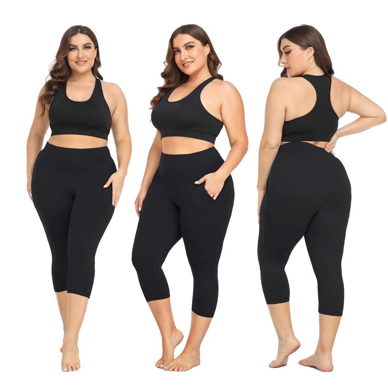 3 Pack Plus Size Capri Leggings with Pockets for Women High Waisted Tummy Control Soft Black Workout Yoga Pants Black Leggings