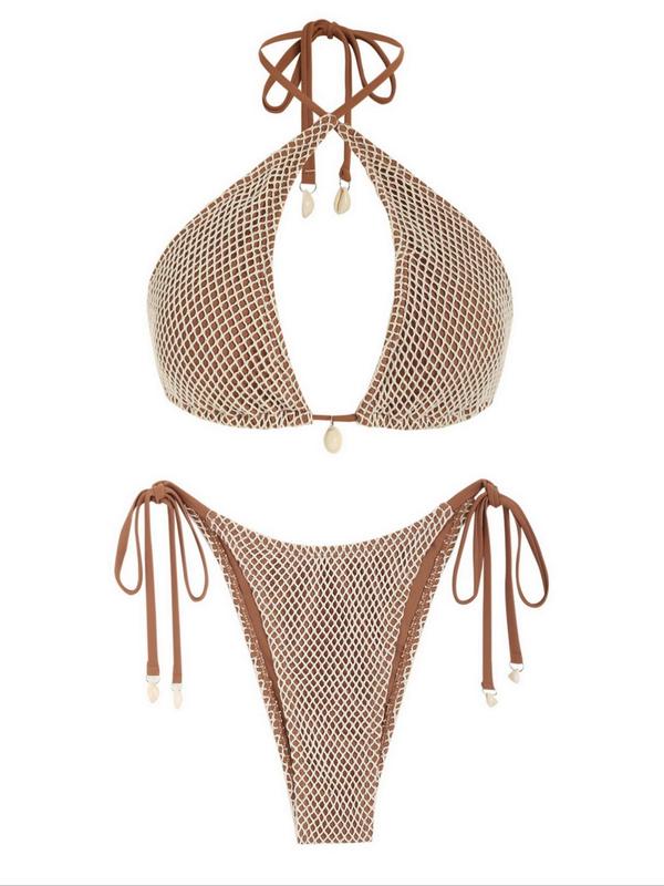 Women's Textured Shell Decor Tie Back Bikini Set, Bathing Suits 2024 for Women, Halter Neck Triangle Swim Bra & Tie Side Swim Bottom Swimsuit Sets, Sexy Two Piece Bathing Suits, Ladies Summer Swimwear, Going Out Outfits