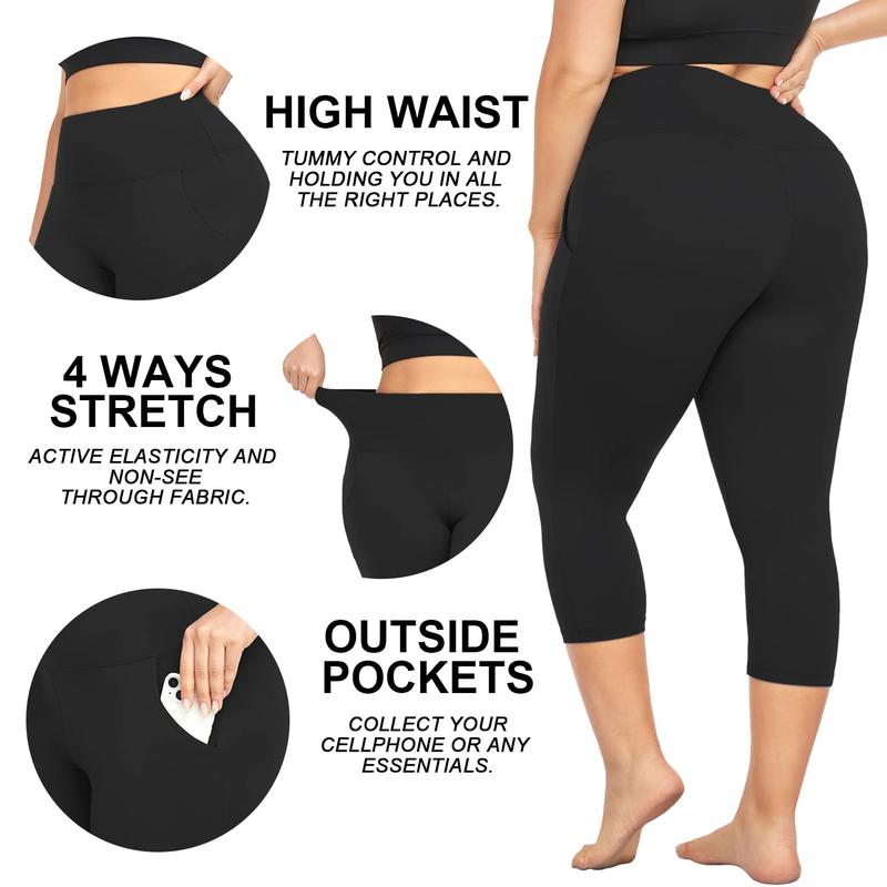 3 Pack Plus Size Capri Leggings with Pockets for Women High Waisted Tummy Control Soft Black Workout Yoga Pants Black Leggings