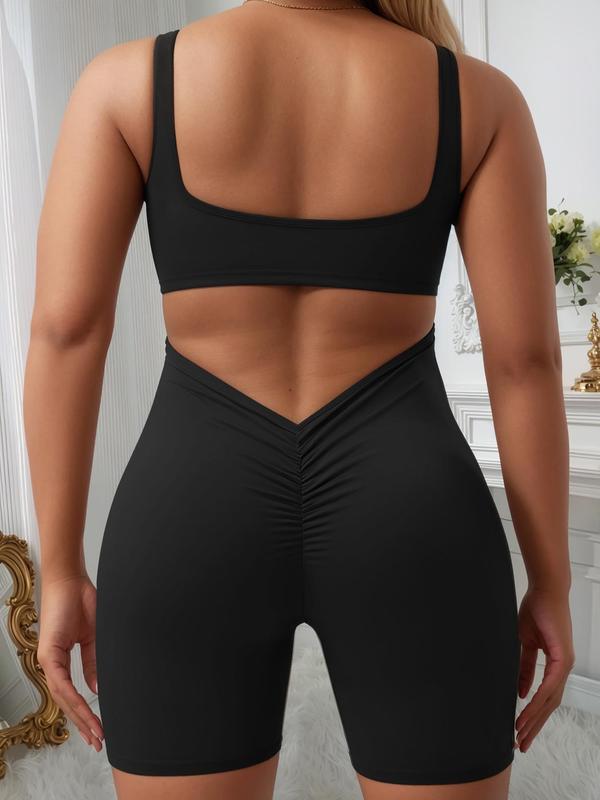 Plus Size Solid Cut Out Backless Sports Romper, Casual Sporty Sleeveless Ruched Romper, Gym Clothes, Women's Summer Sportswear for Yoga Gym Workout, Summer Outfits 2024