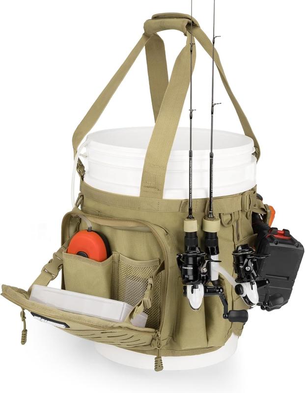 KastKing Karryall Fishing Bucket Organizer for 5 Gallon Bucket, Ice Fishing Tackle Bag with Adjustable Buckle, Rod & Plier Holder and Multi-Pockets for Fishing Gear & Accessories Storage