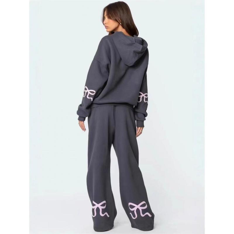 Women's 2PCS Bow Detail HoodieAutumn Sportswear Bow Print LongSleeve Round Neck Wide Leg SportsPants Matching Sportswear