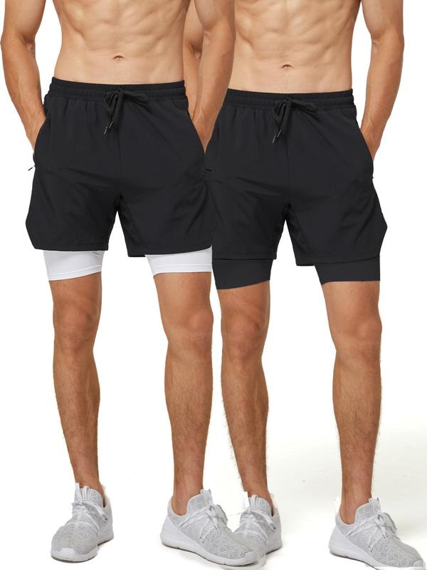 Men's 2 In 1 Drawstring Waist Sports Gym Shorts, Breathable Comfortable Pocket Shorts, Regular Fit Men's Sport & Outdoor Clothing For Gym Workout Running