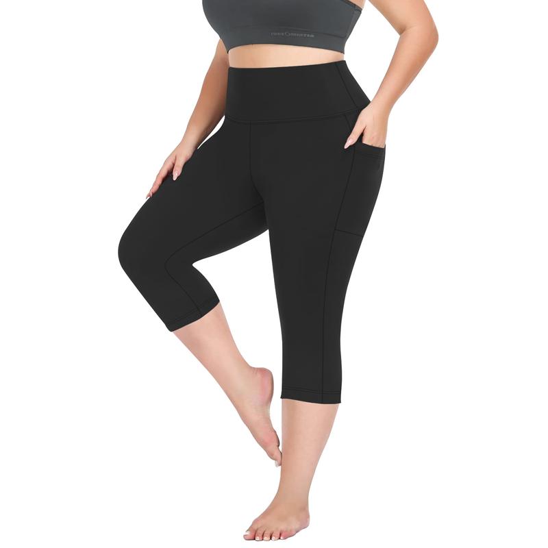 3 Pack Plus Size Capri Leggings with Pockets for Women High Waisted Tummy Control Soft Black Workout Yoga Pants Black Leggings