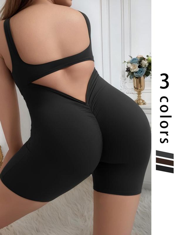 Plus Size Solid Cut Out Backless Sports Romper, Casual Sporty Sleeveless Ruched Romper, Gym Clothes, Women's Summer Sportswear for Yoga Gym Workout, Summer Outfits 2024