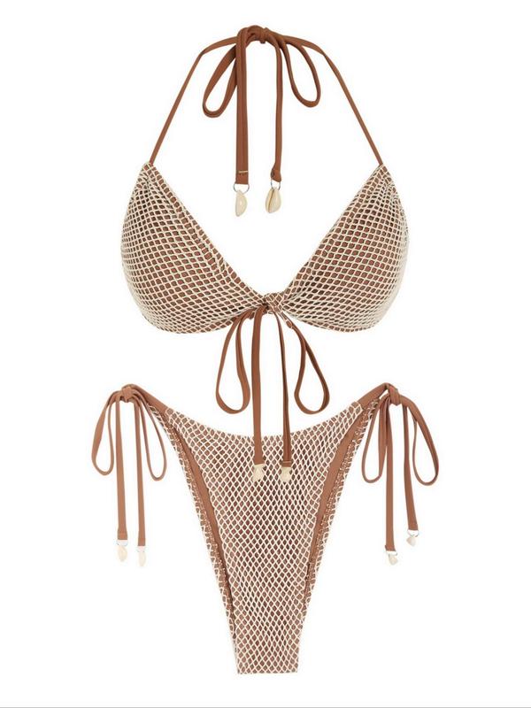 Women's Textured Shell Decor Tie Back Bikini Set, Bathing Suits 2024 for Women, Halter Neck Triangle Swim Bra & Tie Side Swim Bottom Swimsuit Sets, Sexy Two Piece Bathing Suits, Ladies Summer Swimwear, Going Out Outfits