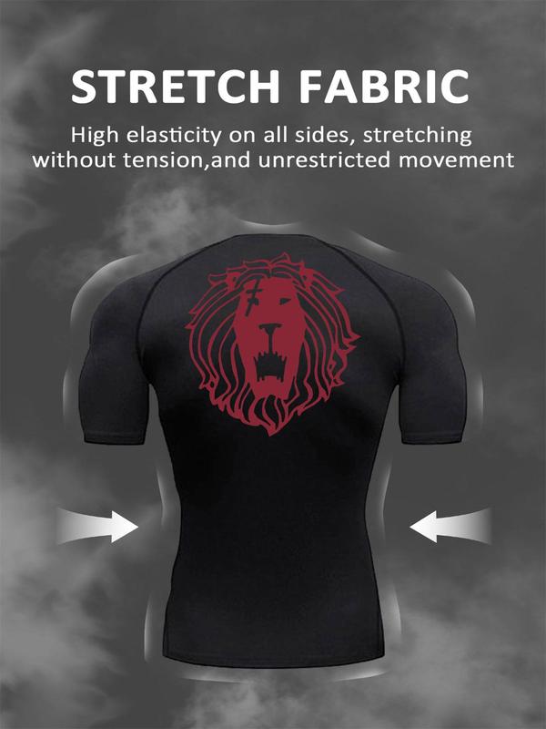 Men's Lion Print Round Neck Raglan Sleeve Sports Tee, Regular Fit Quick Drying Breathable Crew Neck Short Sleeve T-shirt for Gym Workout Running Training, Casual Comfy Men's Sportswear for Summer