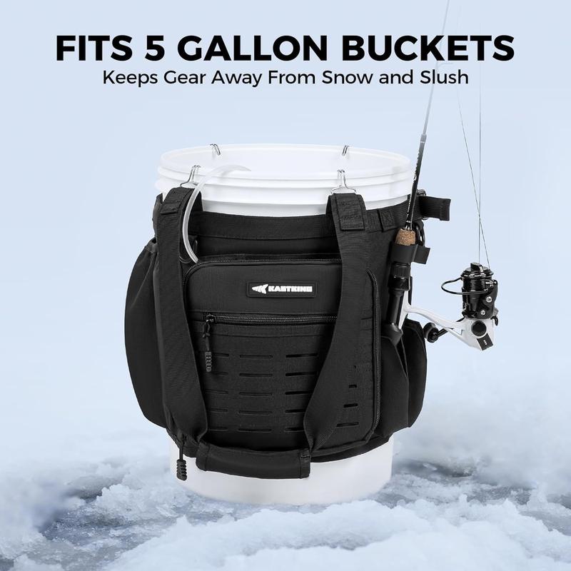 KastKing Karryall Fishing Bucket Organizer for 5 Gallon Bucket, Ice Fishing Tackle Bag with Adjustable Buckle, Rod & Plier Holder and Multi-Pockets for Fishing Gear & Accessories Storage