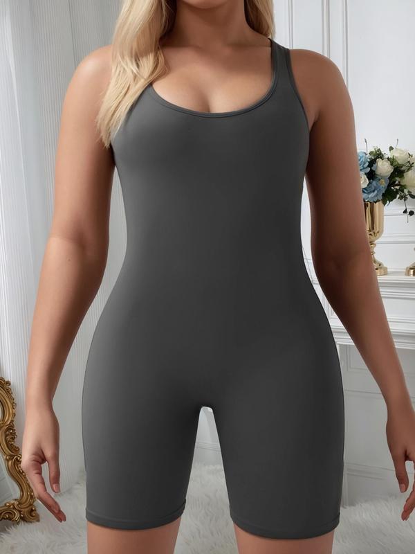 Plus Size Solid Cut Out Backless Sports Romper, Casual Sporty Sleeveless Ruched Romper, Gym Clothes, Women's Summer Sportswear for Yoga Gym Workout, Summer Outfits 2024