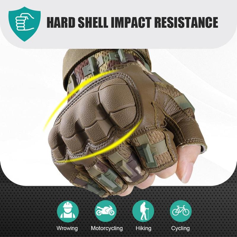 Sports Half Finger Gloves Protective Hard Shell PU Leather Gloves for Hiking Camping Cycling Shooting Hunting Motorcycle Outdoor Gear Fingerless Gloves