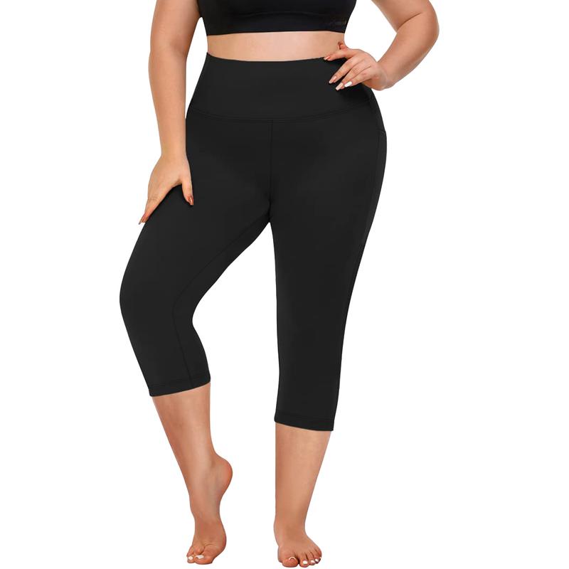 3 Pack Plus Size Capri Leggings with Pockets for Women High Waisted Tummy Control Soft Black Workout Yoga Pants Black Leggings