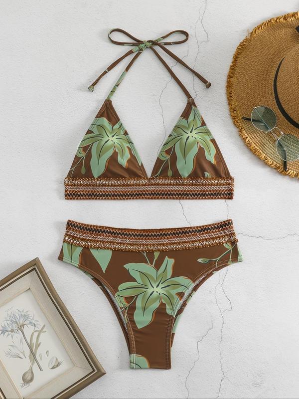 Two-Piece Set Women's Plants Print Halter Bikini Set, Boho Style Tie Back Swim Top & High Waist Swim Bottom, Ladies Swimsuit for Beach Holiday Vacation