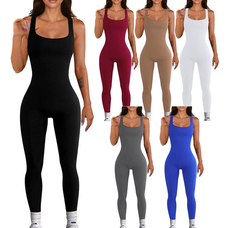 Women's Sleeveless Slim Fit Ribbed Seamless Hip Lifting Square Neck Exercise Jumpsuit Outdoor Activity Elastic Sportswear