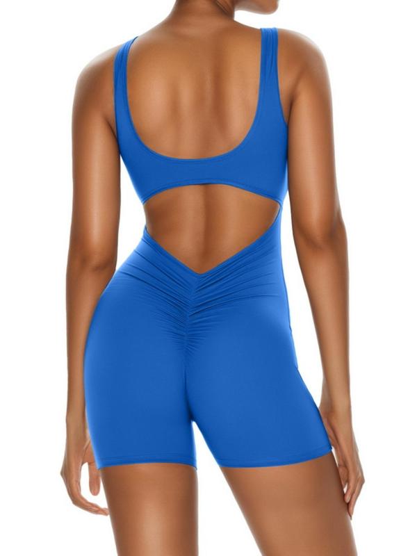 Women's Solid Cut Out Backless Sports Romper, Casual Sporty Square Neck Sleeveless Bodycon Romper For Yoga Gym Workout, Ladies Sportswear For All Seasons