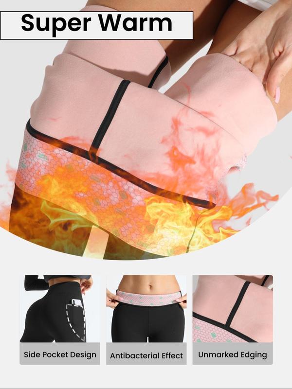 Women's Solid High Waist Pocket Thermal Lined Sports Leggings, Casual Comfy Breathable High Stretch Yoga Tummy Control Leggings, Ladies Sportswear for Indoor Outdoor Wear