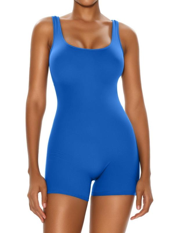 Women's Solid Cut Out Backless Sports Romper, Casual Sporty Square Neck Sleeveless Bodycon Romper For Yoga Gym Workout, Ladies Sportswear For All Seasons