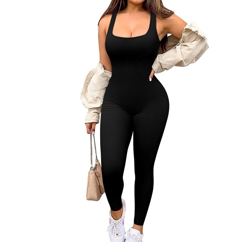 Women's Sleeveless Slim Fit Ribbed Seamless Hip Lifting Square Neck Exercise Jumpsuit Outdoor Activity Elastic Sportswear