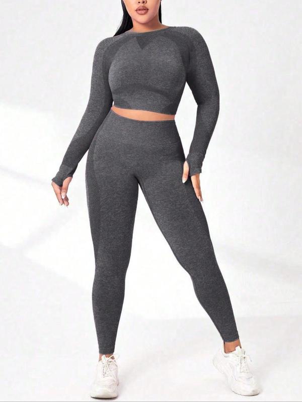 Women's Plus Size Tracksuit Set, Sporty Comfy Crop Top with Thumb Hole Design & High Waist Leggings  for Workout Running, Ladies Sportswear for All Seasons, Fall Clothes